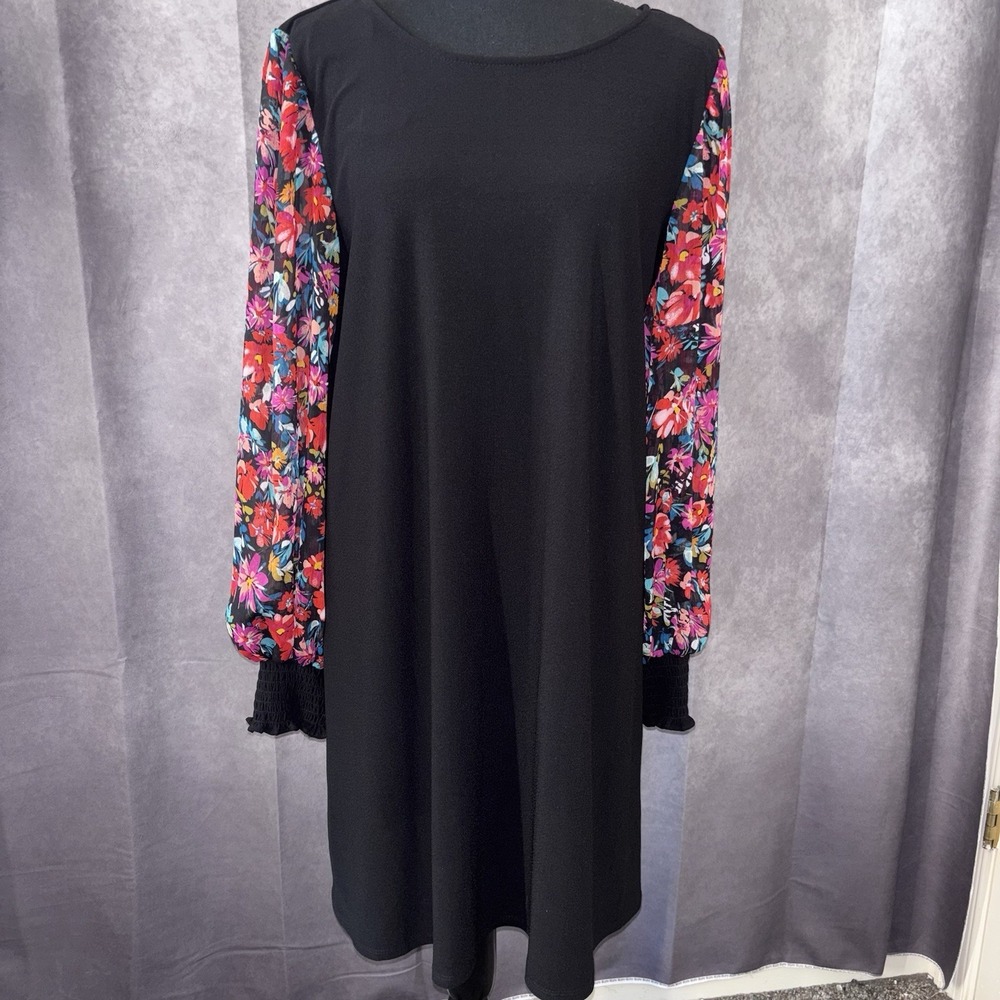 MSK Floral Chiffon Sleeve Shift Dress Black PXLarge‎ Whimsigoth USA Made Flare